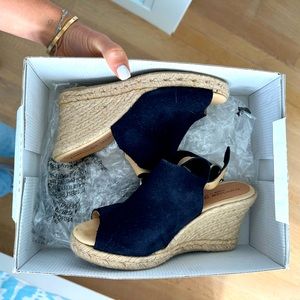 Patricia Green Slingback Espadrille Wedge Navy Suede Peep Toe size 37